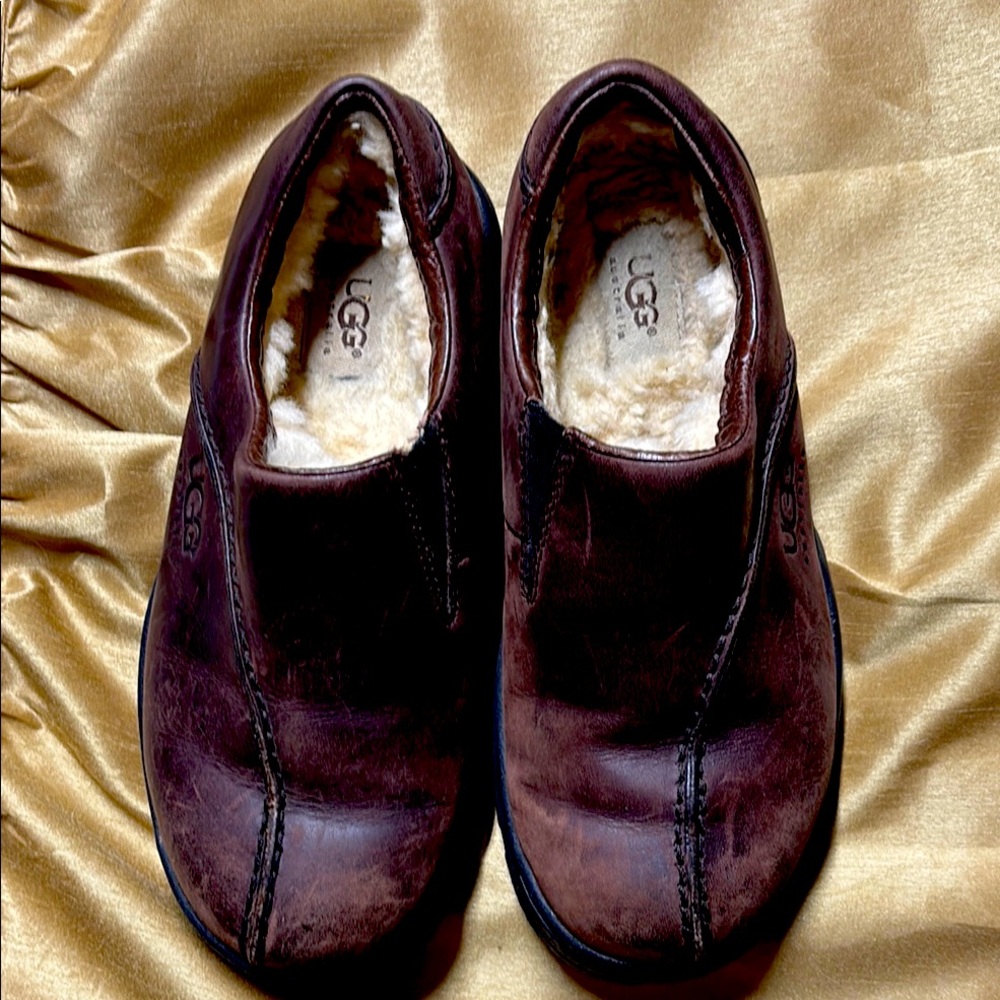 UGG Brown Leather Slip-On Loafers with Moccasin Stitching